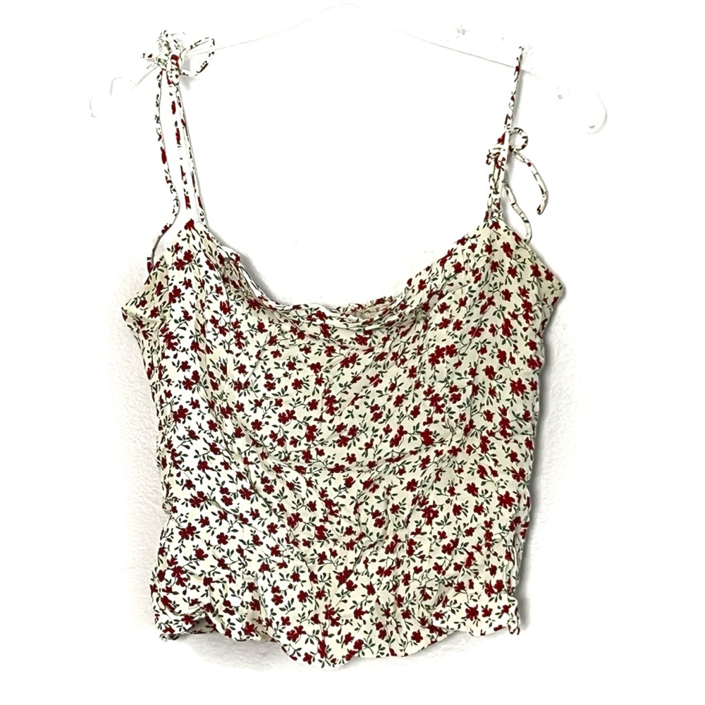 Reformation Cream Floral Tie-Strap Cowl Neck Tank with Red & Green Print